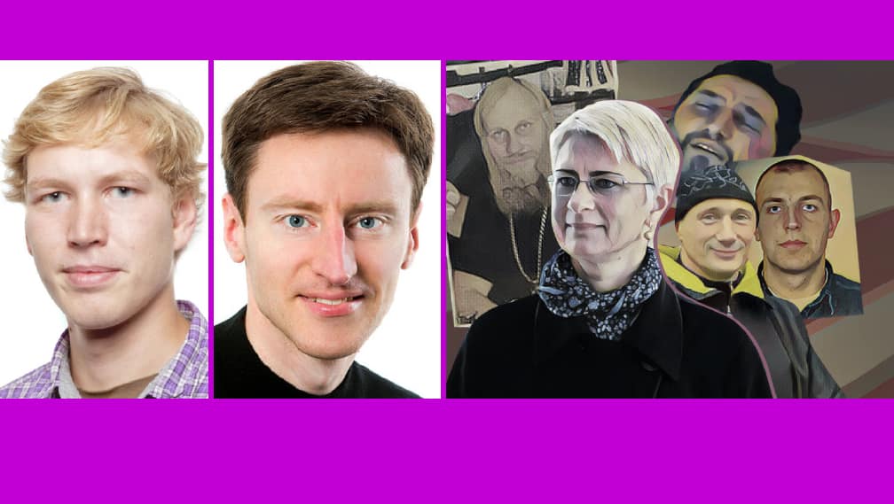 Tik kokybiškos informacijos portalo 15min.lt darbuotojai Vytenis Miškinis (kairėje), Saulius Chadasevičius (viduryje) ir garsiausi Lietuvos nusikaltėliai (dešinėje, 15min.lt dailininkų nutapytas koliažas).
