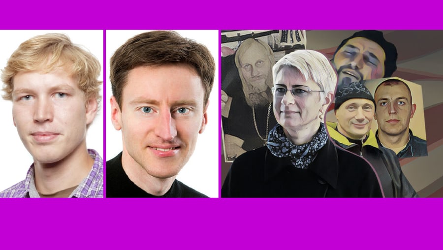 Tik kokybiškos informacijos portalo 15min.lt darbuotojai Vytenis Miškinis (kairėje), Saulius Chadasevičius (viduryje) ir garsiausi Lietuvos nusikaltėliai (dešinėje, 15min.lt dailininkų nutapytas koliažas).