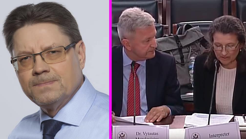 Konservatorius Stasys Šedbaras (kairėje). Dešinėje - vos besivaldantis Vytautas Matulevičius nervingai žvelgiantis į šalią esančią vertėją.