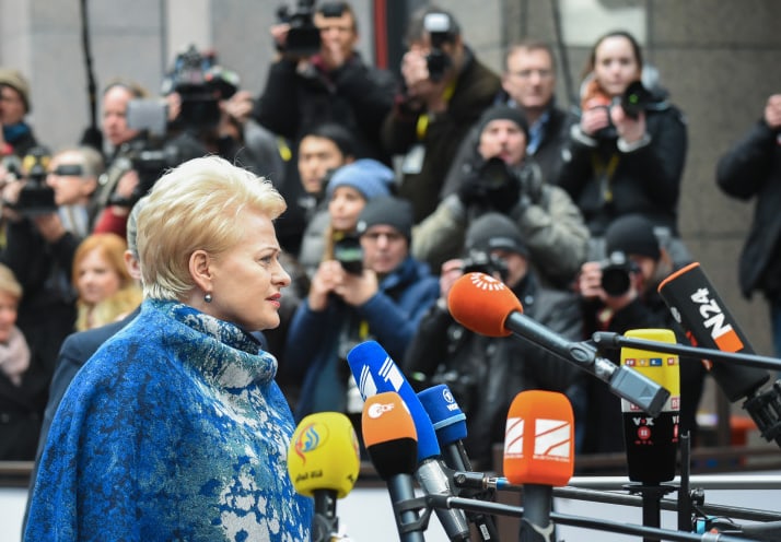D. Grybauskaitė atvykusi į Europos Vadovų Tarybos posėdį iš karto atsidūrė ir pasaulio žiniasklaidos dėmesio centre. Nuotr. prezidentas.lt