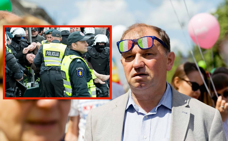 Liberalas Dainius Pūras (raudoname stačiakampyje iš savo namų išnešama Deimantės Kedytės senelė Laimutė Kedienė). Nuotr. facebook.com