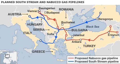 „Pietų srauto“ ir „Nabucco“ dujotiekių projektų planai. News.bbc.co.uk nuotr.