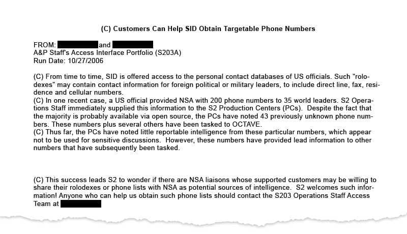 35 pasaulio šalių vadovų telefono skambučių sekimą, vykdytą NSA, atskleidžiantis dokumentas