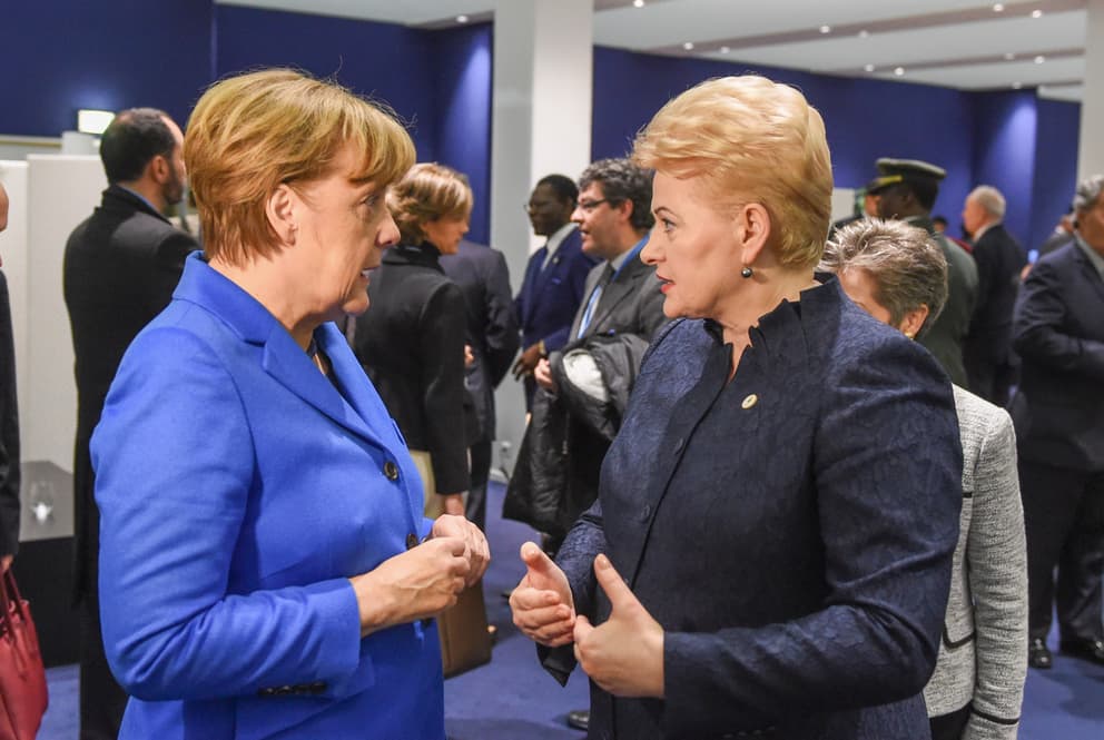 Vokietijos kanclerė A. Merkel kalbėdama su prezidente D. Grybauskaite domėjosi, kaip Lietuvai pavyksta būti lydere kovoje su klimato kaita. Nuotr. prezidentas.lt