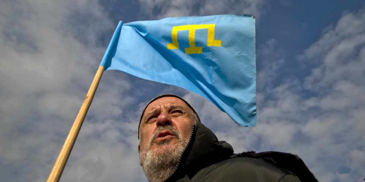 Krymo totorius su nacionaline vėliava.