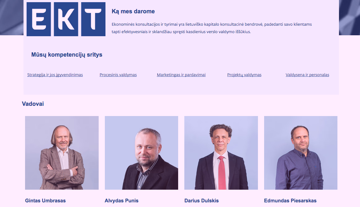 Firmos „EKONOMINĖS KONSULTACIJOS IR TYRIMAI“ tinklalapio fragmentas.