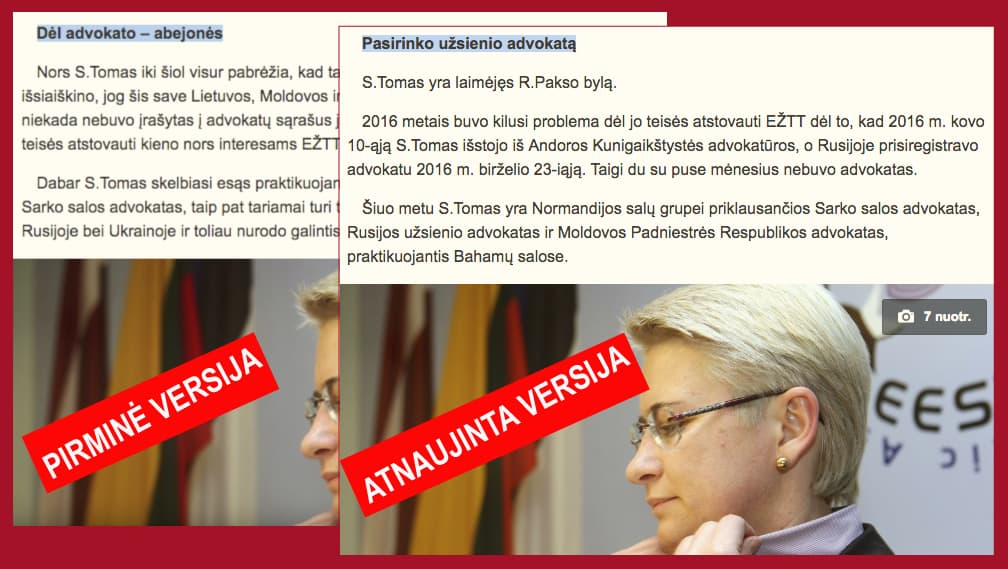 Nepriklausoma Lietuvos žiniasklaida koreguoja skelbiamą informaciją apie advokatą Stanislovą Tomą