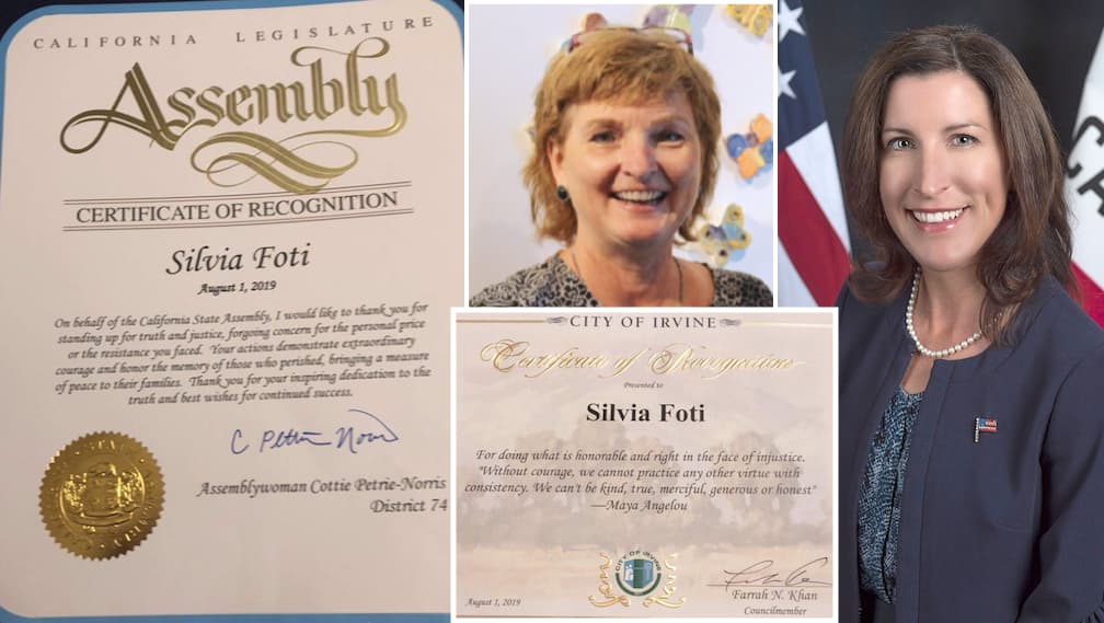 Dešinėje – padėkos raštą pasirašiusi Kalifornijos asamblėjos narė Koti Petri Noris (Cottie Petrie-Norris). Centre – kovotoja už istorinį teisingumą Silvija Foti.