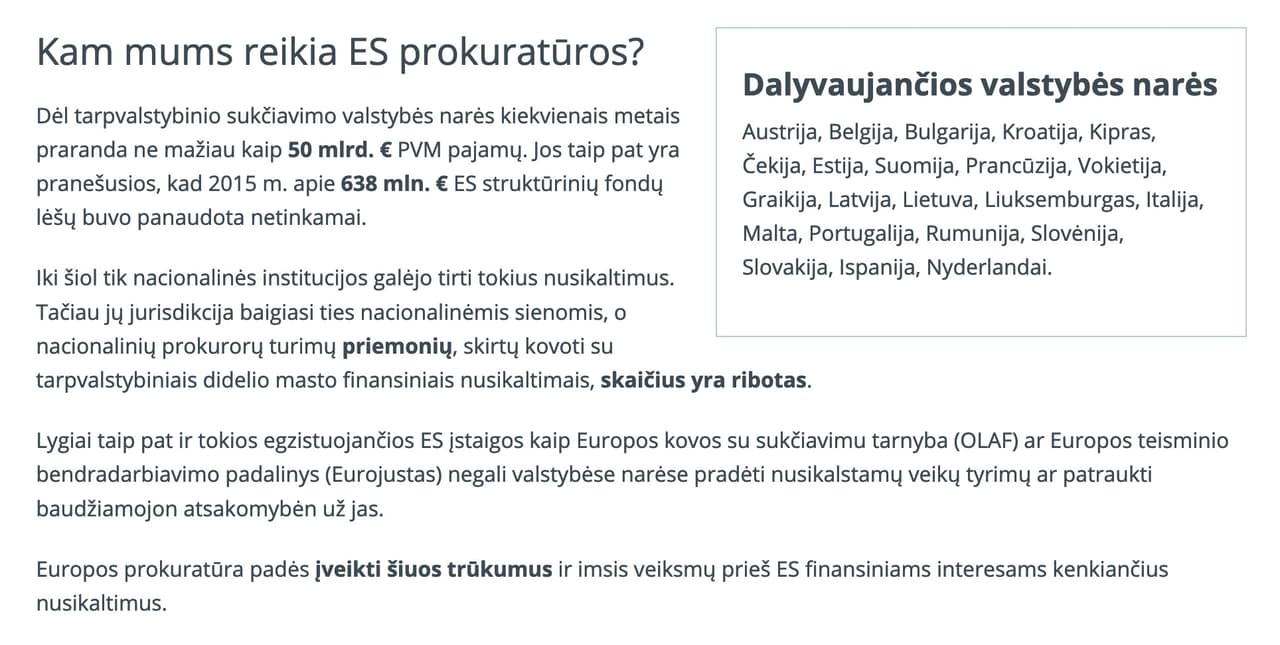 Ruošiamasi Europos prokuratūros startui: keičiami reikalingi teisės aktai