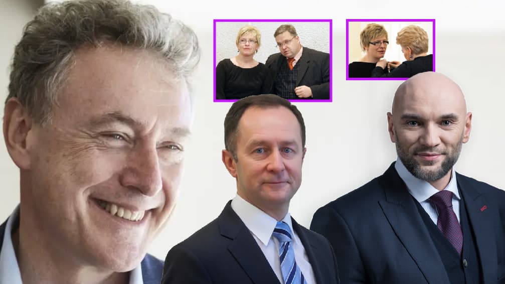 Garsusis aferistas iš svečios šalies Saimonas Friklis, Nemeluojančiosios Žmonių partijos teisininkas, Lietuvos banko Teisės skyriaus viršininkas, nemelo didmeistris Gintaras Kukauskas, nemeluojančios Žmonių partijos nemeluojantis advokatas Ramūnas Audzevičius. DešiniameVioletiniama stačiakampy