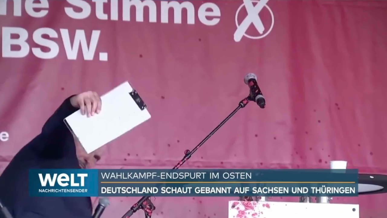 Wagenknecht prieš rinkimus renginio metu buvo apipilta dažais