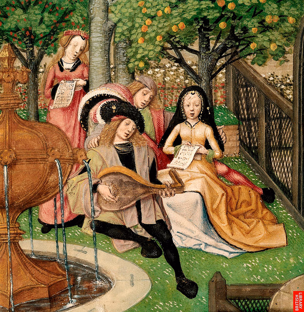 Malonumo sodas. Miniatiūros fragmentas iš „Meilės istorija apie rožę“. Briugė, 1490–1500. Harley 4425 BL.