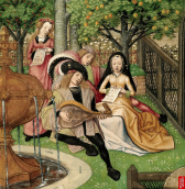 Malonumo sodas. Miniatiūros fragmentas iš „Meilės istorija apie rožę“. Briugė, 1490–1500. Harley 4425 BL. 