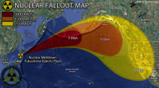 Paveikslėlyje pavaizduota radiacijos sklaida po avarijos, įvykusios 2011 m. kovo 11 d. po didžiulio žemės drebėjimo ir cunamio