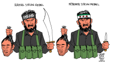 Kairėje matote nupieštą radikalųjį Sirijos sukilėlį, dešinėje nuosaikųjį. truthfrequencyradio.com karikatūra.